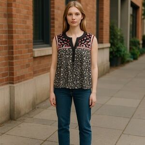 Anthropologie One September Tunic Top‎ Womens Small Embroidered Boho Sleeveless